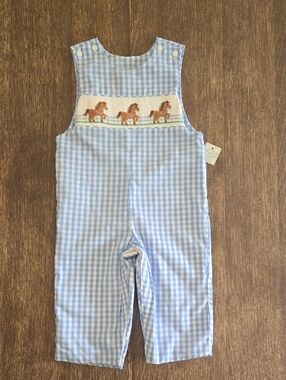 Anavini Velani Classics, Blue and White Check Smocked Jon Jon, Size 18 Months